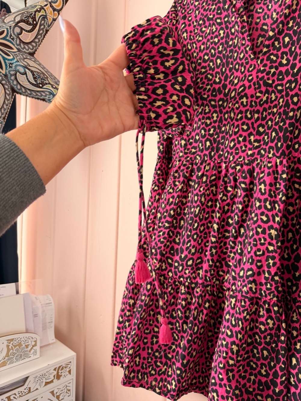 Jude Connally Pink Leopard Print Tiered Tunic Dress SzLarge - Picture 4 of 6
